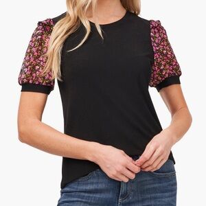 CeCe Floral Puff Sleeve Black CrewnecknTop